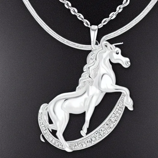 Image similar to a lovely silver cartoon unicorn necklace pendant, 3 d rendering, pandora style, tiffany style, swarovski style, van cleef & arpels style, cartier style, boucheron style, bulgari style, chaumet style, elegant, noble, stylish