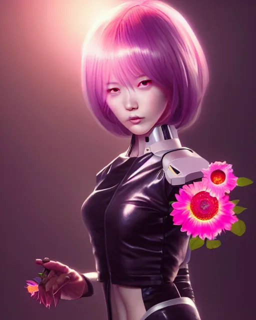 Image similar to perfect android girl, rose hair, cyborg, flowers, cinematic lighting, garden, beautiful girl, kim hyun joo, advanced technology, futuristic, art by ilya kuvshinov and akiko takase and eugene gottsnake and stanislav istratov and su fu and antoine collignon