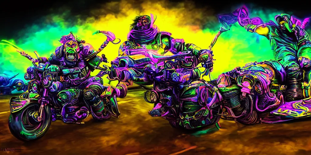 Image similar to psychedelic blacklight neon airbrush artwork, motorcycles, hyper stylized cinematic action shot of orcs in battle armor racing on motorcycles, menacing orcs, drifting, skidding, wheelie, clear focused details, soft airbrushed artwork, black background, post apocalypse, cgsociety, artstation