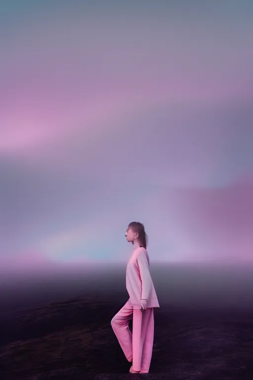 Image similar to high quality pastel coloured film close up wide angle photograph of a model wearing clothing resting on cloud furniture in a icelandic black rock!! environment in a partially haze filled dreamstate world. three point light, rainbow. photographic production. art directed. pastel colours. volumetric clouds. pastel gradient overlay. waves glitch artefacts. extreme facial clarity. 8 k. filmic.