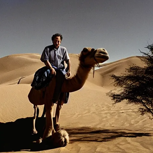 Prompt: Philip Glass riding a camel