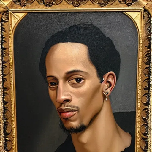 Image similar to a renaissance style portrait painting of travis scott