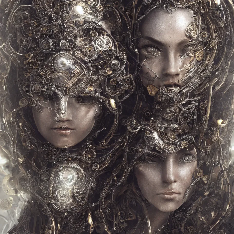 Prompt: beautiful frontal view face portrait of a angelic queen female cyborg, highly detailed, 1 5 0 mm chromatic aberration mandelbrot fractal symmetric, intricate steampunk ornate silver titanium gold, 8 k artistic photogenic, by aurelien fournier art station octane render digital work intricate