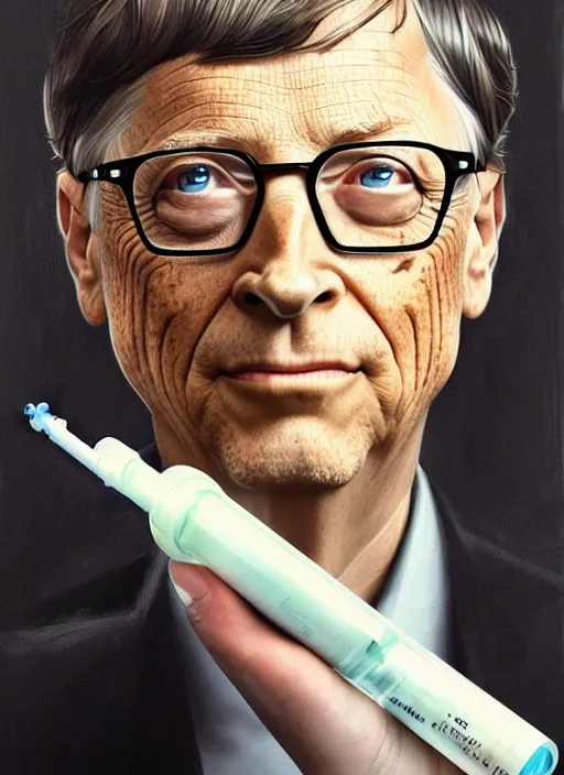 Prompt: bill gates with reptile eyes!!!, vertical pupil!!!, lizard skin, holding a syringe!!, portrait, intricate, elegant, highly detailed, digital painting, artstation, concept art, wallpaper, smooth, sharp focus, illustration, art by h. r. giger and artgerm and greg rutkowski and alphonse mucha