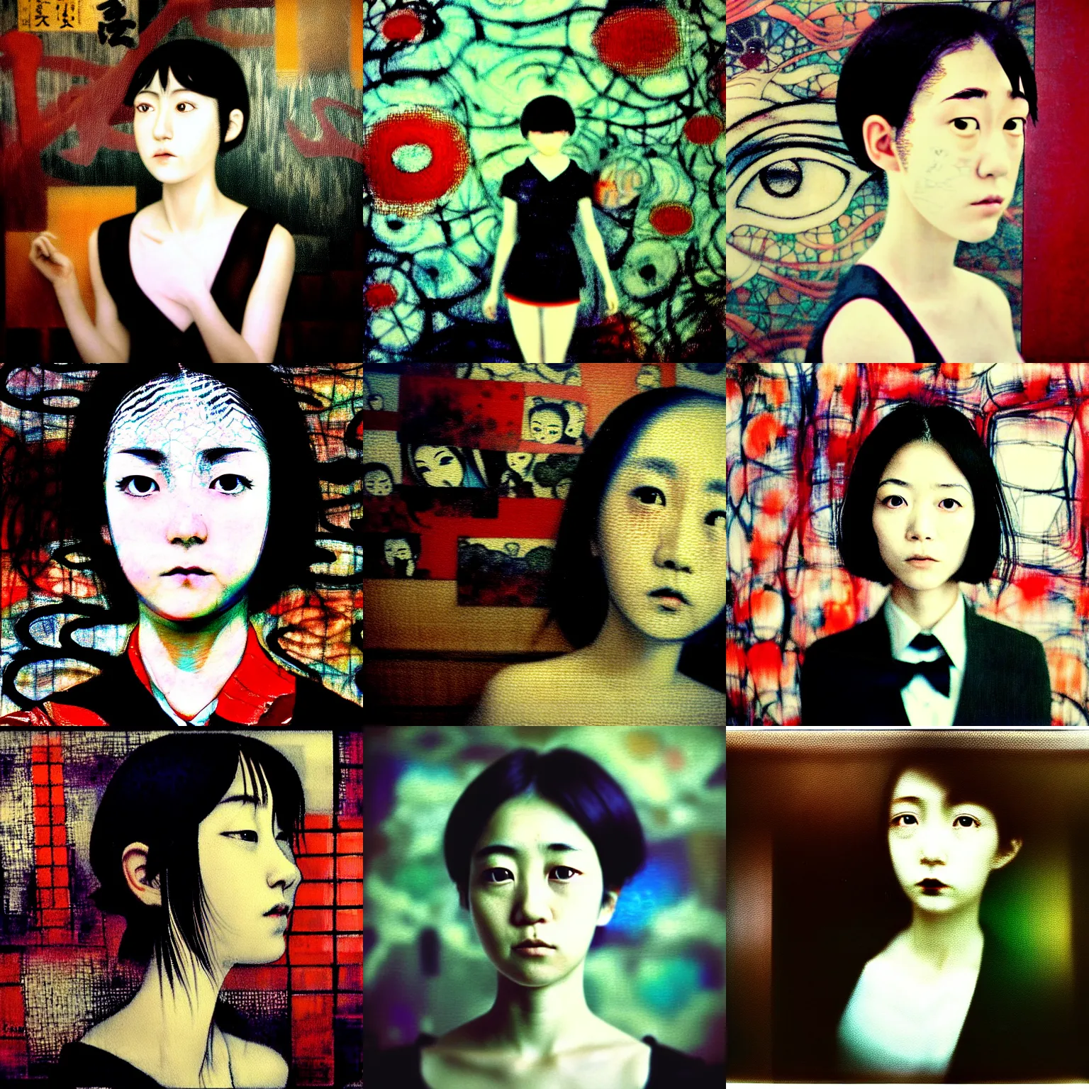 Prompt: yoshitaka amano blurred and dreamy realistic portrait of a young woman with short hair and black eyes wearing dress suit with tie, junji ito abstract patterns in the background, satoshi kon anime, noisy film grain effect, highly detailed, renaissance oil painting, weird camera angle, blurred lost edges, photo by nan goldin