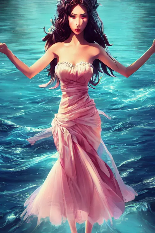 Image similar to a beautiful fashion goddness of love, chic strapless dress, tropical sea background, character design, in the style of artgerm, and wlop, cinematic lighting, hyperdetailed, 8 k realistic, symmetrical, global illumination, radiant light, frostbite 3 engine, cryengine, dof, trending on artstation, digital art