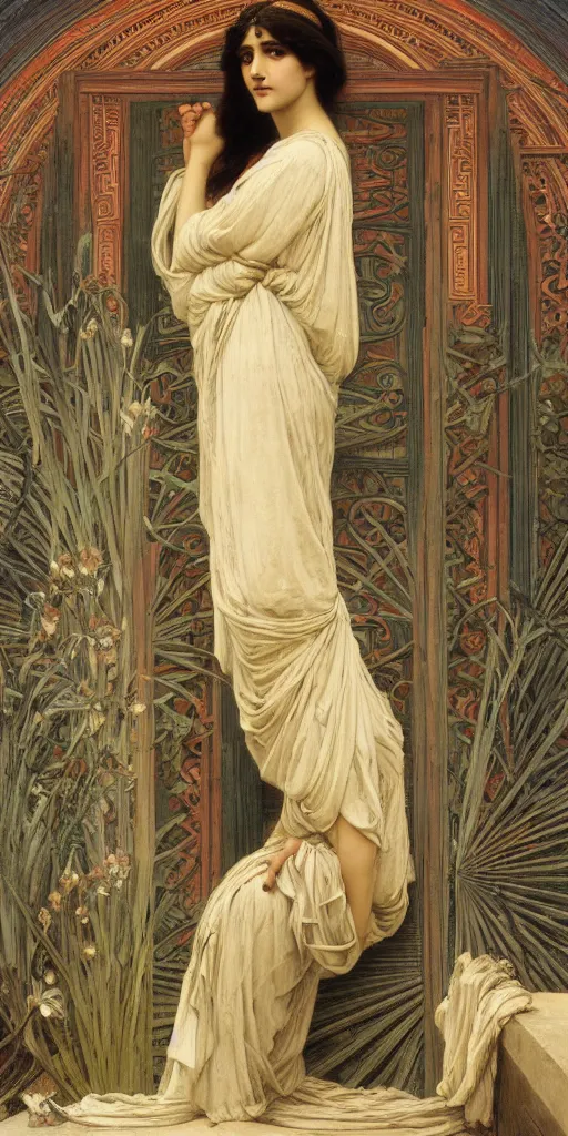 Image similar to at the gate of the temple by john william godward painted by alphonse mucha