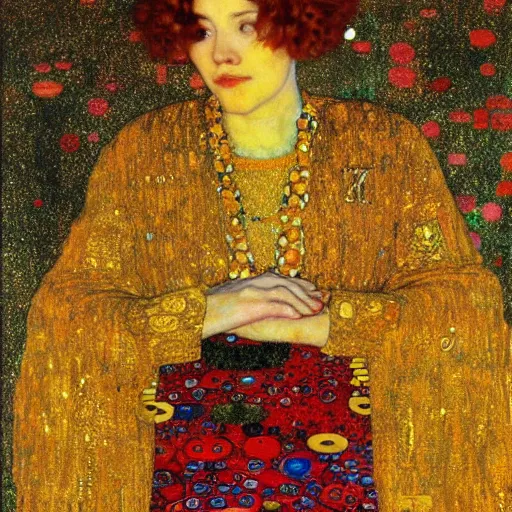 Image similar to An angelic woman with short red hair in golden garbs by Gustav Klimt, ornate golden background, detailed