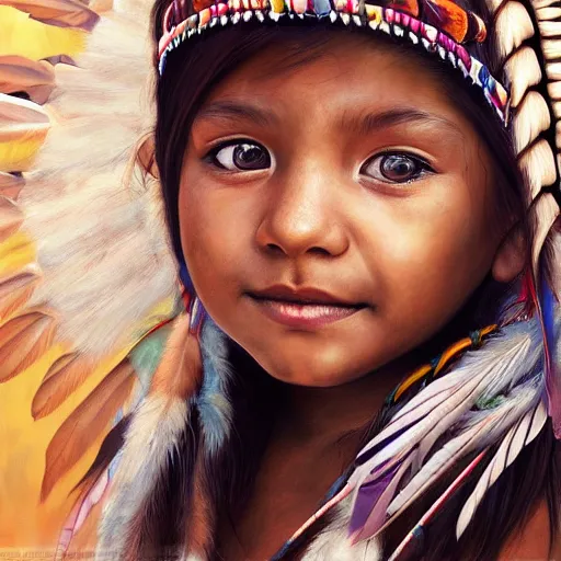 Prompt: portrait of native american 7-year-old girl with head dress in the style of artgerm, wlop, digital art, close-up, insanly detailed