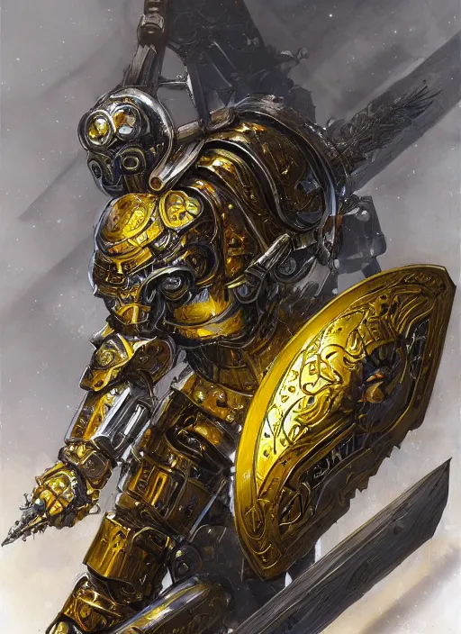 Prompt: dynamic portrait of a intricate glorious holy mechanical warforged character in yellow armor holding a paladin engraved great longsword and carrying a big paladin shield, spotlight from face , epic , trending on ArtStation, masterpiece, cinematic lighting, by Jesper Ejsing and by Philippe Druillet and by Yoann Lossel