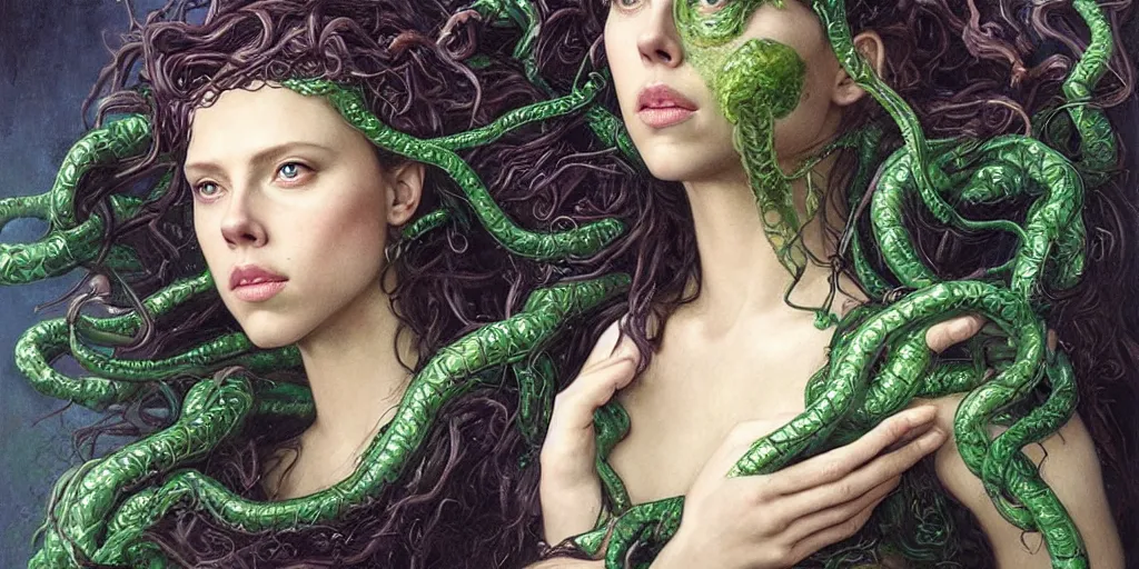 Prompt: epic masterpiece portrait of medusa played by scarlett johansson, followed by head with many souls, beautiful face and flawless skin, perfect hands, emeralds by Edgar Maxence and Ross Tran and Michael Whelan