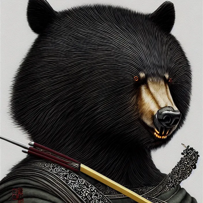 Image similar to anthropomorphic samurai asian black bear, fantasy, intricate, highly detailed, lifelike, photorealistic, digital painting, artstation, illustration, concept art, smooth, sharp focus, art by ogata korin and aya takano