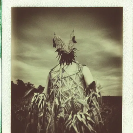 Image similar to an old polaroid of a creepy monster in a cornfield