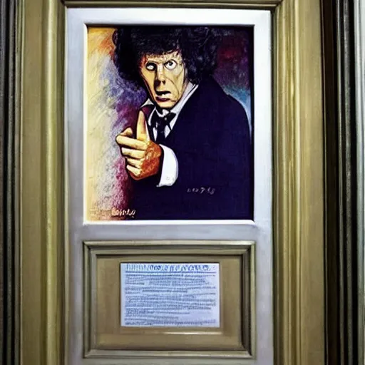Image similar to “A painting of Tom Baker as Doctor Who looking awesome in front of the TARDIS!” W 1920