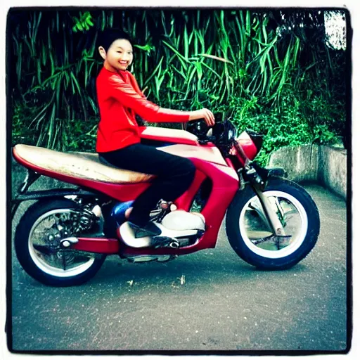 Prompt: “buzz cut, Vietnamese girl riding a motorbike through the city, photograph, beautiful, sunset”