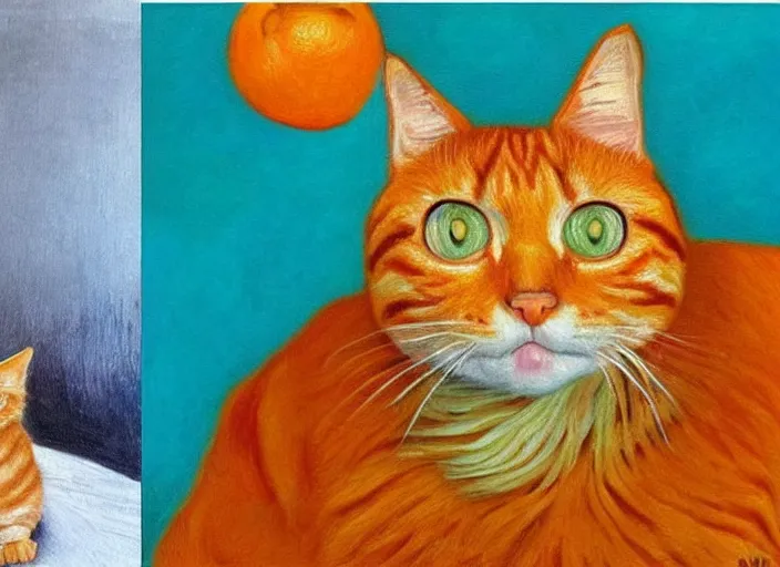 Image similar to detailed realistic realism painting of lasagna with the face of an orange tabby cat, at dusk, in the style of vincent van gogh and salvador dali and leonardo da vinci