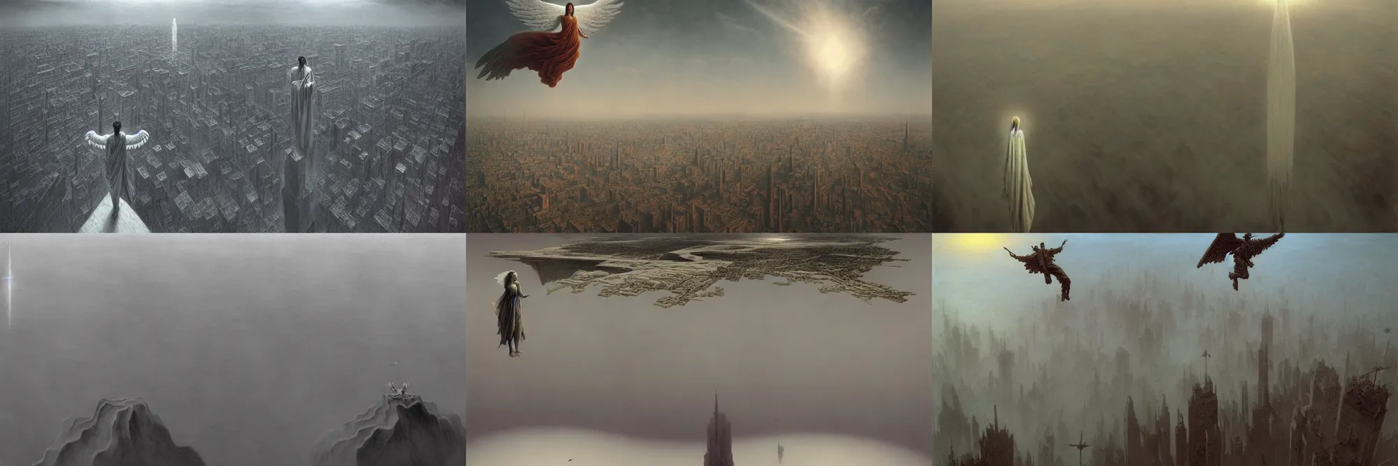 Prompt: detailed, sharp, an angel floating above a city at the end of the world by Zdzislaw Beksinski, One point perspective, dutch angle digital art, illustration, trending on artstation, HD, 8K, highly detailed, good lighting, beautiful, epic, masterpiece, horror, surreal