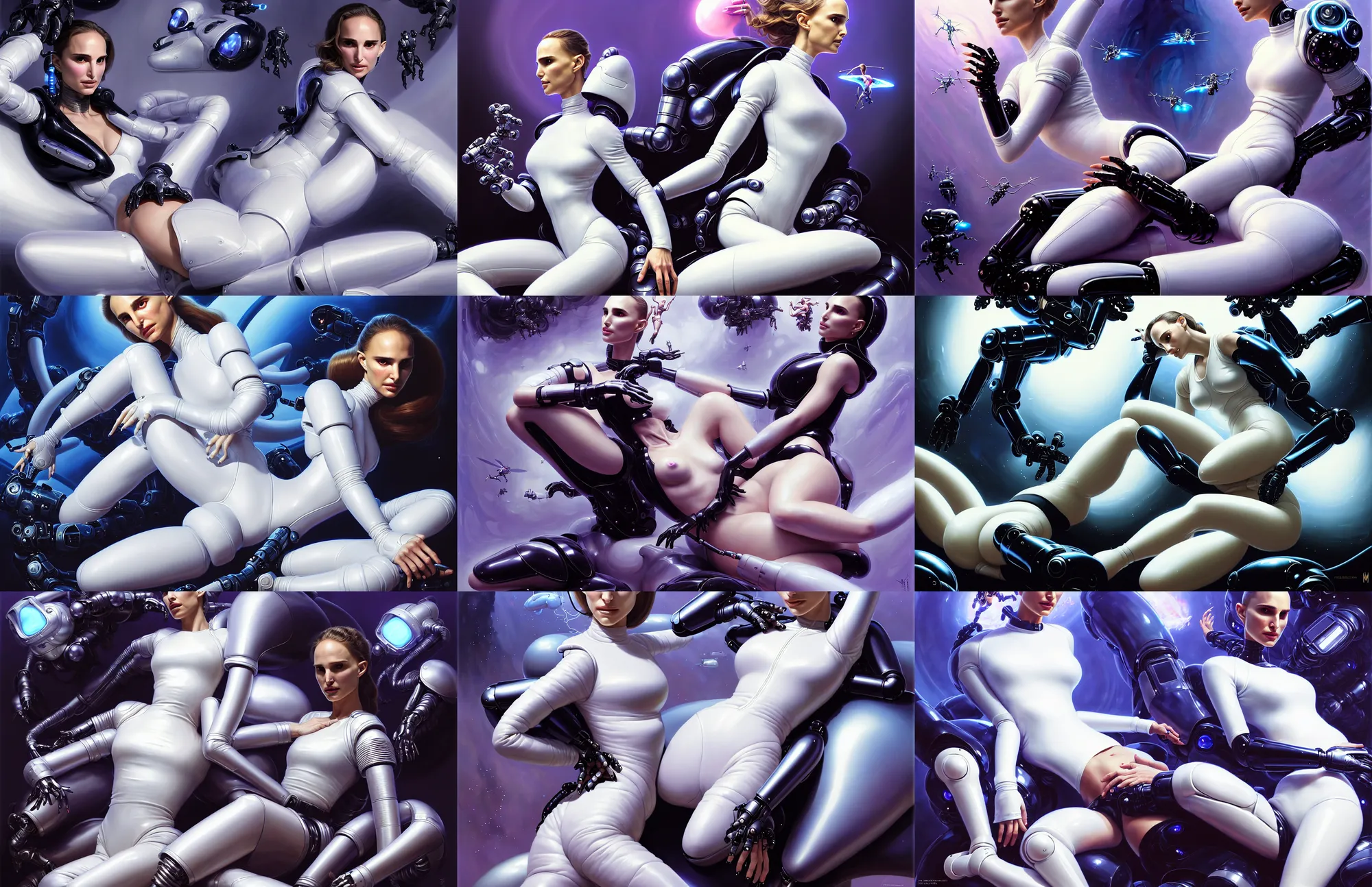 Prompt: beautiful fantasy character portrait, natalie portman, wearing black puffy bomber jacket and white leotard, seductive reclining pose, futuristic chrome drones, ultra realistic, dramatic lighting, robots, the fifth element artifacts, highly detailed by peter mohrbacher, hajime sorayama, wayne barlowe, boris vallejo, aaron horkey, gaston bussiere, craig mullins