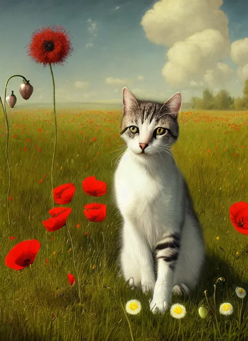 Image similar to the cat in the meadow from flowers : dandelions, poppy, tulip, chamomile, hyperrealism, no blur, 4 k resolution, ultra detailed, style of ivan shishkin, tyler edlin, tom bagshaw, arthur rackham,