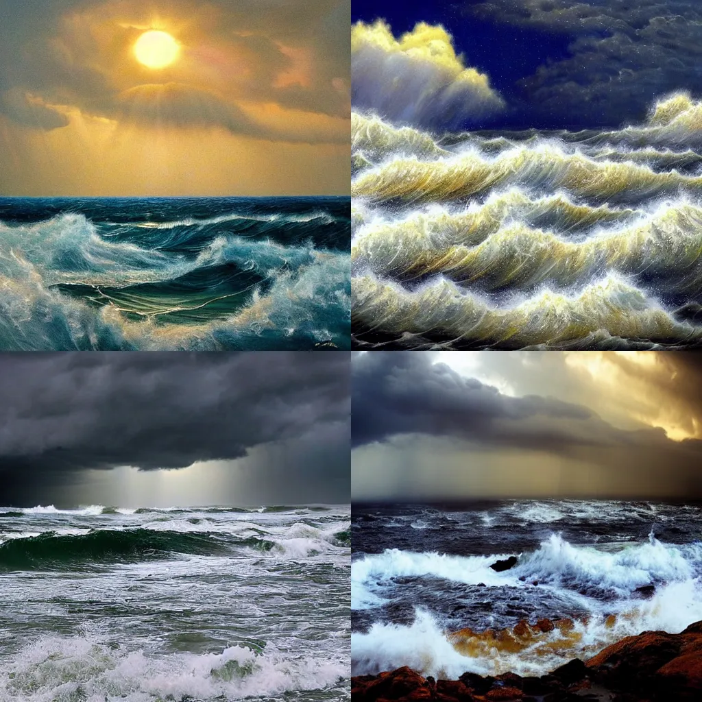 Prompt: stormy sea made from golden crystals and priceless gems, the splashes of white water are made from pearls, a thin shaft of very bright sunlight striking the scene though the brightly sunlit ominous stormy astmosphere, by Claudia Bravo