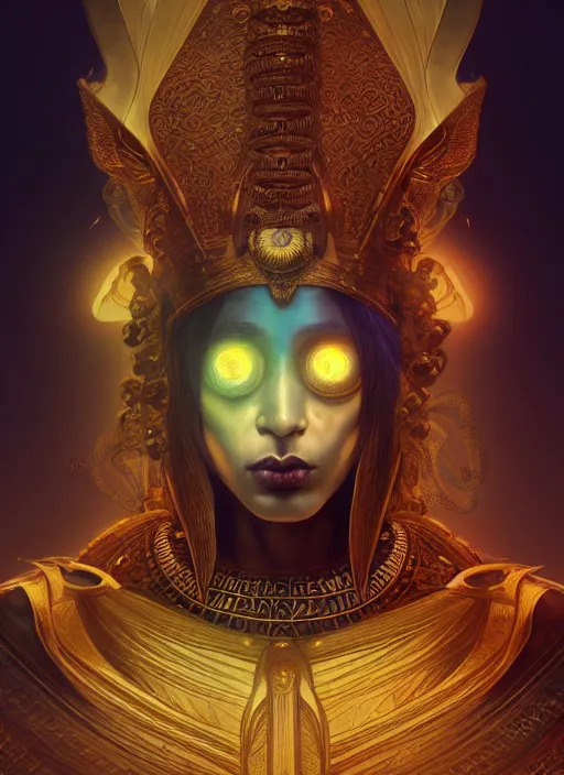 Image similar to angry god shu, bronze skin tone and egyptian wig, pharaoh beard, glowing eyes, volumetric lights, cyan and gold scheme, art nouveau botanicals, gothic, intricate, highly detailed, digital painting, artstation, concept art, smooth, sharp focus, symmetric face, illustration, steampunk, art by artgerm and greg rutkowski and alphonse mucha