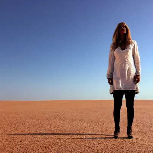 Prompt: a woman made of salt, standing in the desert