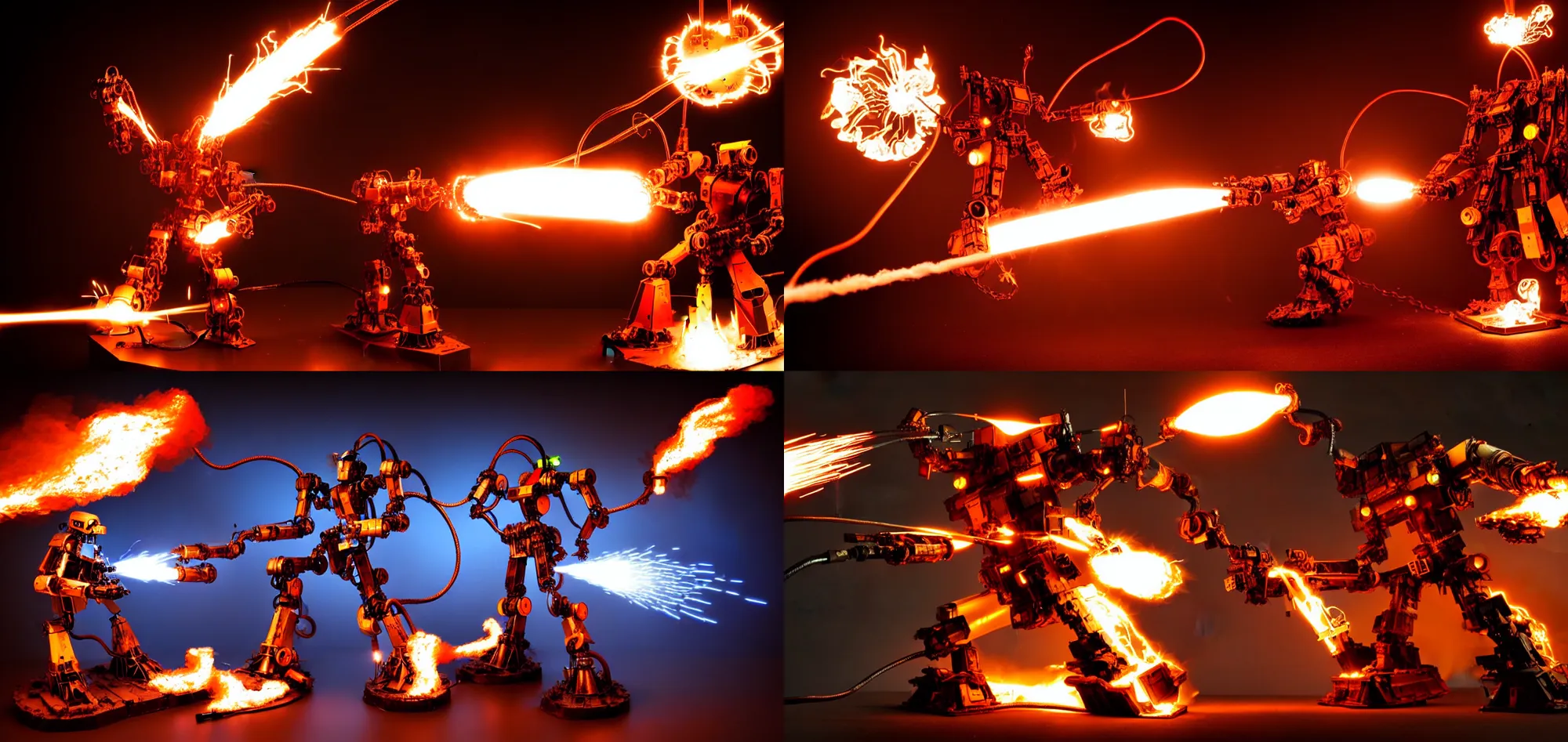 Prompt: Mecha machine battle smoking flamethrower, fire, hanging wires and lights, electricity, metal gear