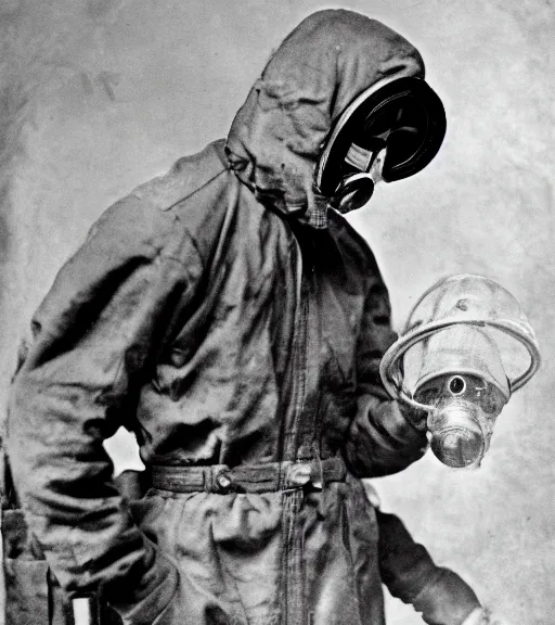 Image similar to man in a hazmat suit and gasmask, ww1 film photo, grainy, high detail, high resolution