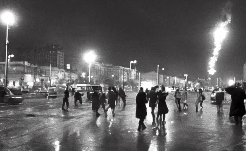 Image similar to 70s movie still of a soviet street with pedestrians with soviet high rise in the backround , Cinestill 800t 18mm beuatiful black and white, heavy grainy picture, very detailed, high quality, 4k panoramic, dramatic lightning, neon billboards and streetlight at night, rain, mud, foggy, big sculpture of Lenin on a square