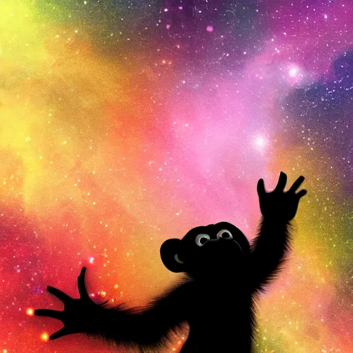 Image similar to a chimpanzee floating through outer space reaching out and touching nebula with it's finger, digital art, 8k