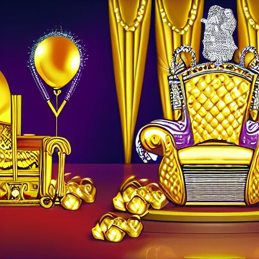 Prompt: cartoon of a shining majestic throne made of millions of diamonds, gold and zaphires with thousands of light reflections, and a clown on a tuxedo suit is sitting on the throne while handing a golden balloon, dramatic light