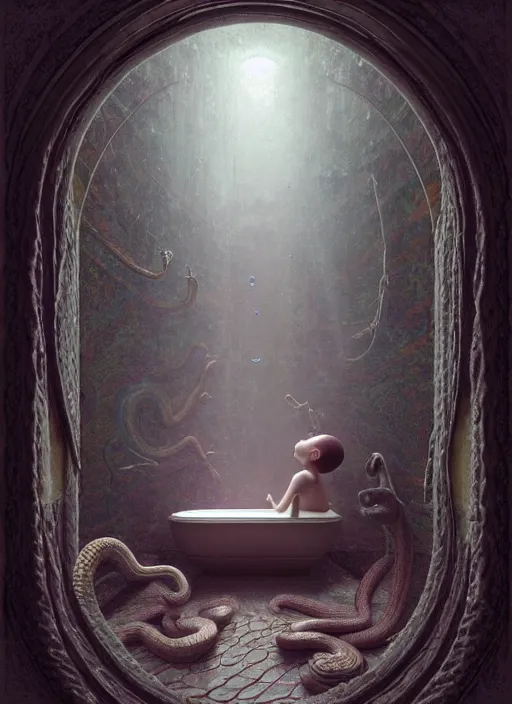 Image similar to hyperreal ultra detailed hypnagogic recollections from the waters of the unconscious. a 3 d psychopomp watching on. a child's face in the mirror, a doorway threshold, a snake, sharp focus, a digital egregore, global illumination, ornate, art by shaun tan, fenghua zhong and daniel merriam and dan mumford octane render