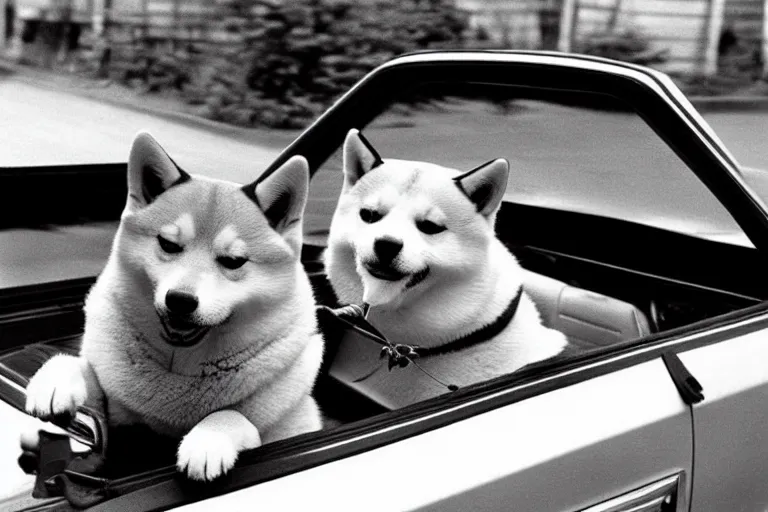 Image similar to picture of a shiba inu driving a car, 1 9 7 0 s