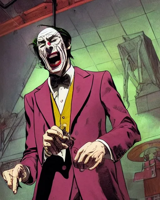 Prompt: portrait of saul goodman as the joker, concert photography, art by makoto shinkai and peter elson, bernie wrightson