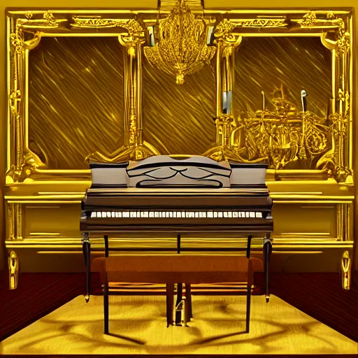 Image similar to piano room with golden vinyl hanging on walls, 8 k, digital art.