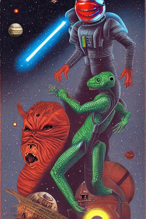 Prompt: pulp reptilian star wars with astronout in red planet, higly detailed