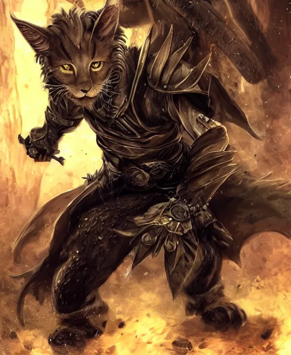 Image similar to humanoid male khajiit rogue with a scar on left eye, wearing leather armor with a hood, mainecoon cat features with black fur, far - mid shot, magic the gathering, fantasy