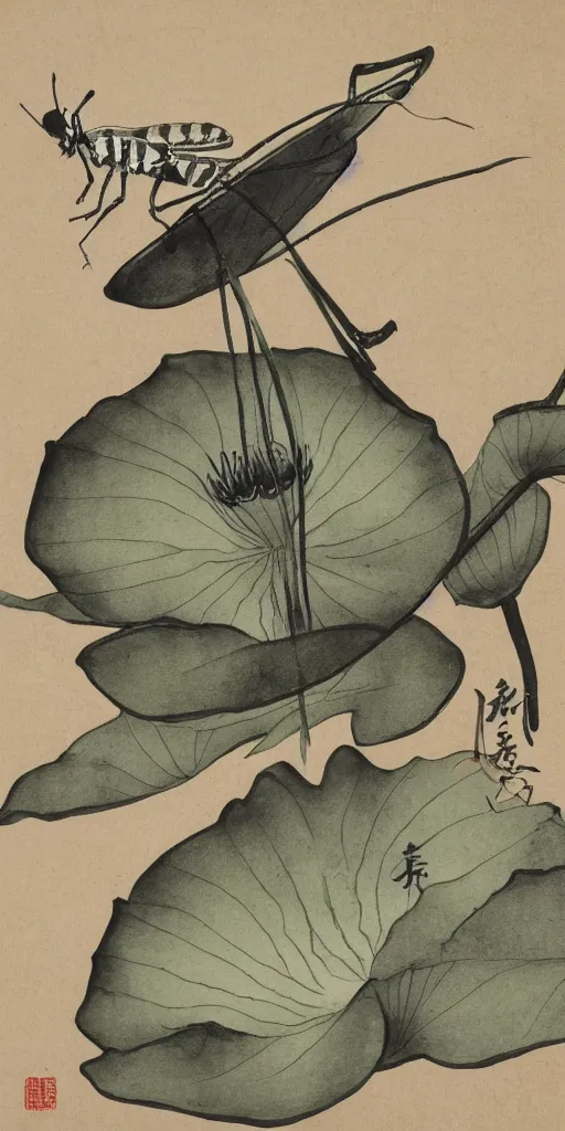 Prompt: grasshopper rests on a lotus flower, traditional Japanese ink wash painting, sumi-e