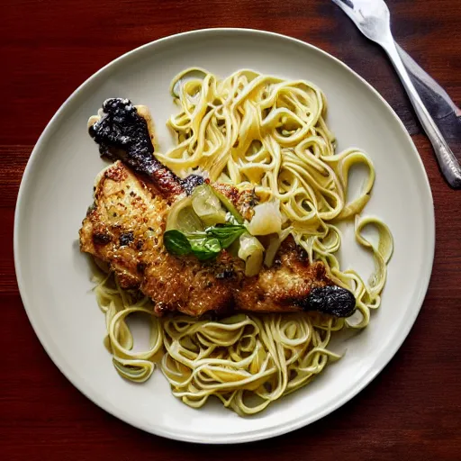 Prompt: photograph of Chicken Piccata with angel noodles from Cheesecake Factory