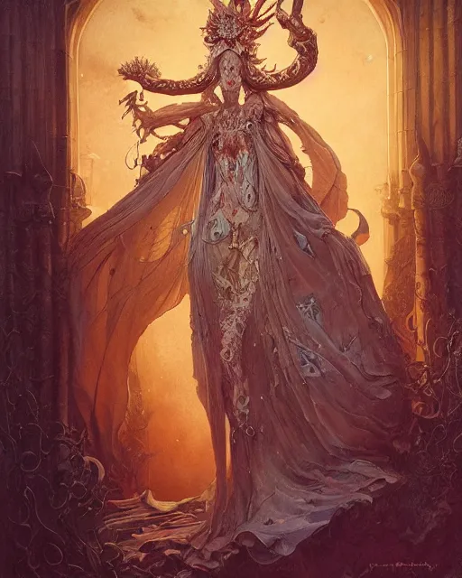 Prompt: a beautiful detailed front view of a dead rotten princess dressed in ornate baroque, ornamentation, elegant, beautifully soft lit, by wayne barlowe, peter mohrbacher, kelly mckernan