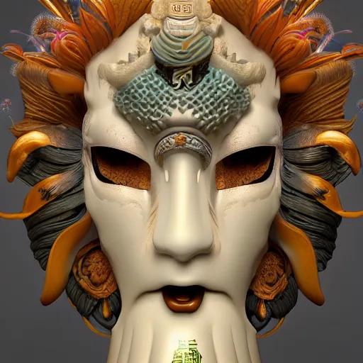 Image similar to 3 d goddess close - up profile portrait russian with ram skull. beautiful intricately detailed japanese crow kitsune mask and clasical japanese kimono. betta fish, jellyfish phoenix, bio luminescent, plasma, ice, water, wind, creature, artwork by tooth wu and wlop and beeple and greg rutkowski