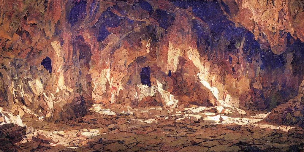 Image similar to painting of majestic curved wall in a dark cave with rocky ground and mosaics, minimal, art by james gurney and greg rutkowski, vivid colors