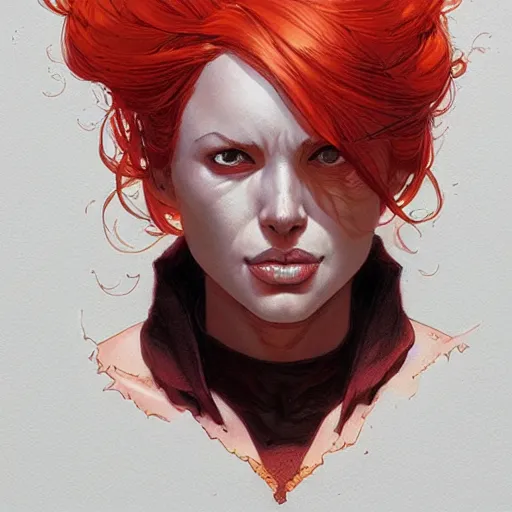 Prompt: a beautiful comic shot artwork portrait of a red-headed woman by Jerome Opeña, featured on artstation