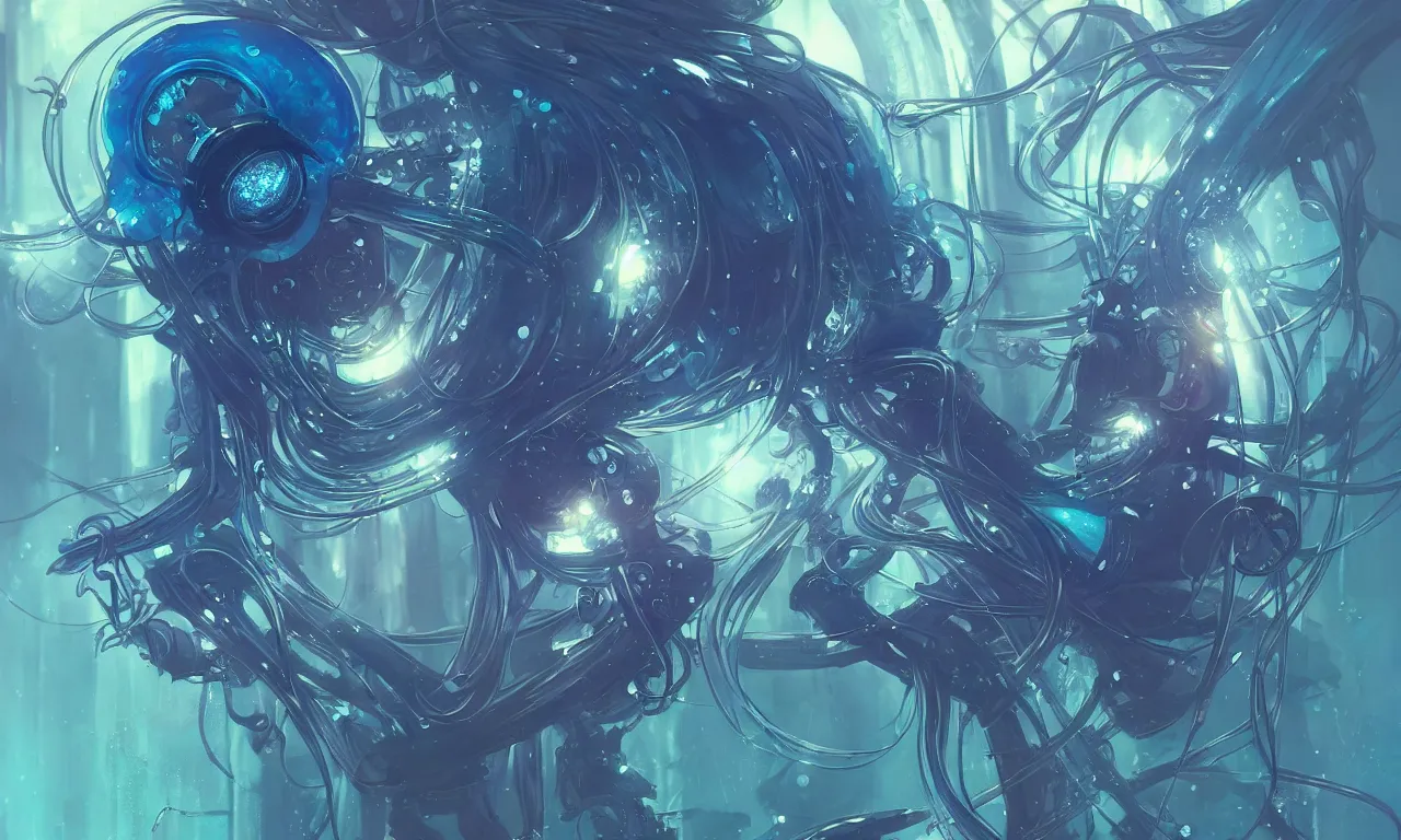 Image similar to cyberpunk jellyfish, blue tones, underwater, 8 mm, highly detailed, digital painting, artstation, concept art, smooth, sharp focus, illustration, art by artgerm and greg rutkowski and alphonse mucha