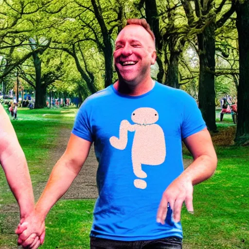 Image similar to alex jones and a gay frog holding hands in the park, sunny day with fluffy clouds,