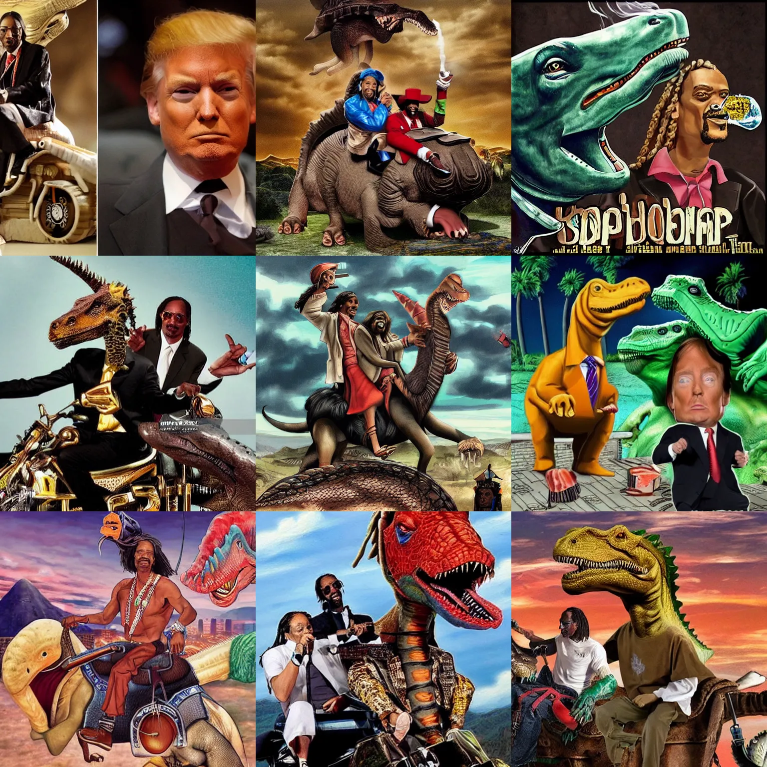 Prompt: snoop dogg and donald trump, they are smoking a joint while riding on the back of a dinosaur, in the style of conan the barbarian