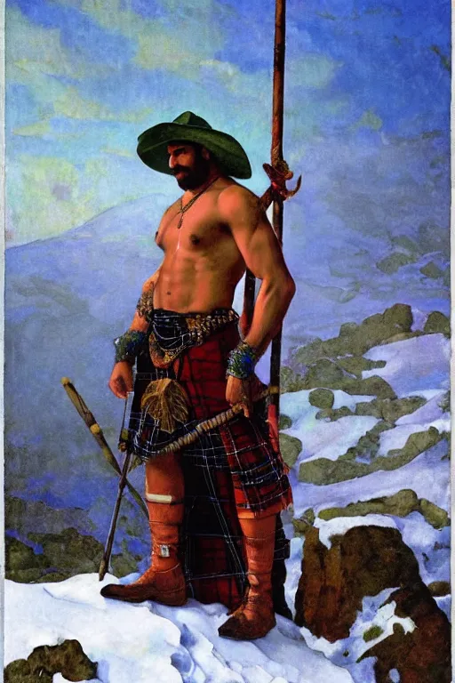 Prompt: a tarot card of a muscular shirtless desi adventurer wearing a scottish tartan kilt on a snowy mountain peak. he has a wooden staff, cowboy hat, and boots. background is a stained glass golden sunrise. art deco, art nouveau, homoerotic. by raja ravi varma, by louis comfort tiffany, by albert bierstadt. trending on artstation.