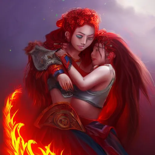 Prompt: flaming warrior queen giving someone a hug, wholesome and caring, happy, digital art, artstation, concept art, 4 k, 8 k