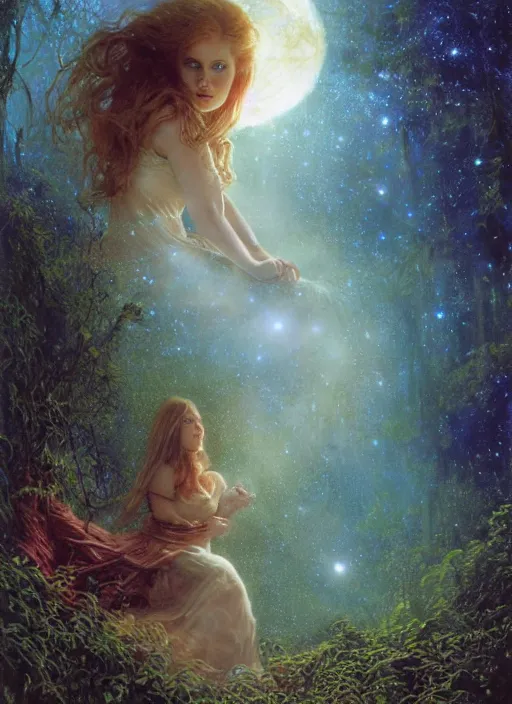 Image similar to Amy Adams staring into the camera, misty wisps, fireflies, Lilia Alvarado, Sophie Anderson, Mark Arian, Bob Byerley, Charlie Bowater, Mark Brooks, Steve Henderson, Justin Gerard, Arthur Hughes, Edward Robert Hughes, Mark Keathley, Victor Nizovtsev, Carlos Shwabe, Ross Tran, WLOP