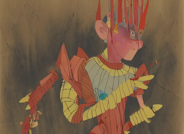 Image similar to naturalistic portrait of a warrior, representational earth tones, stunning clarity experimental cut paper mixed media blotchy character shape design by masaaki yuasa, pleasing palette watercolor masterpiece